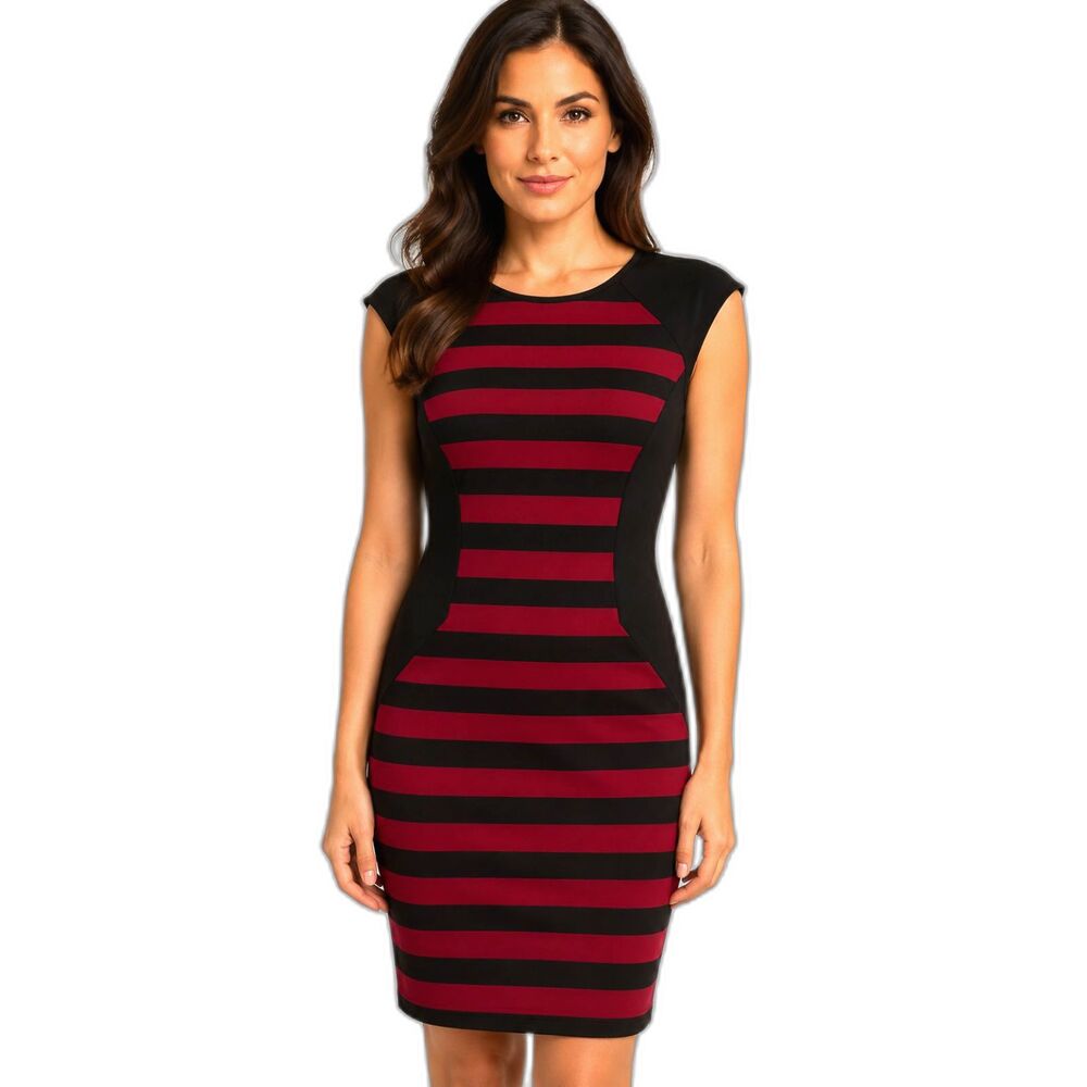 Vince Camuto Sleeveless Striped Sheath Dress Black Burgundy Size 12